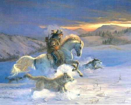 Guerrier indien à cheval accompagné de ses loups